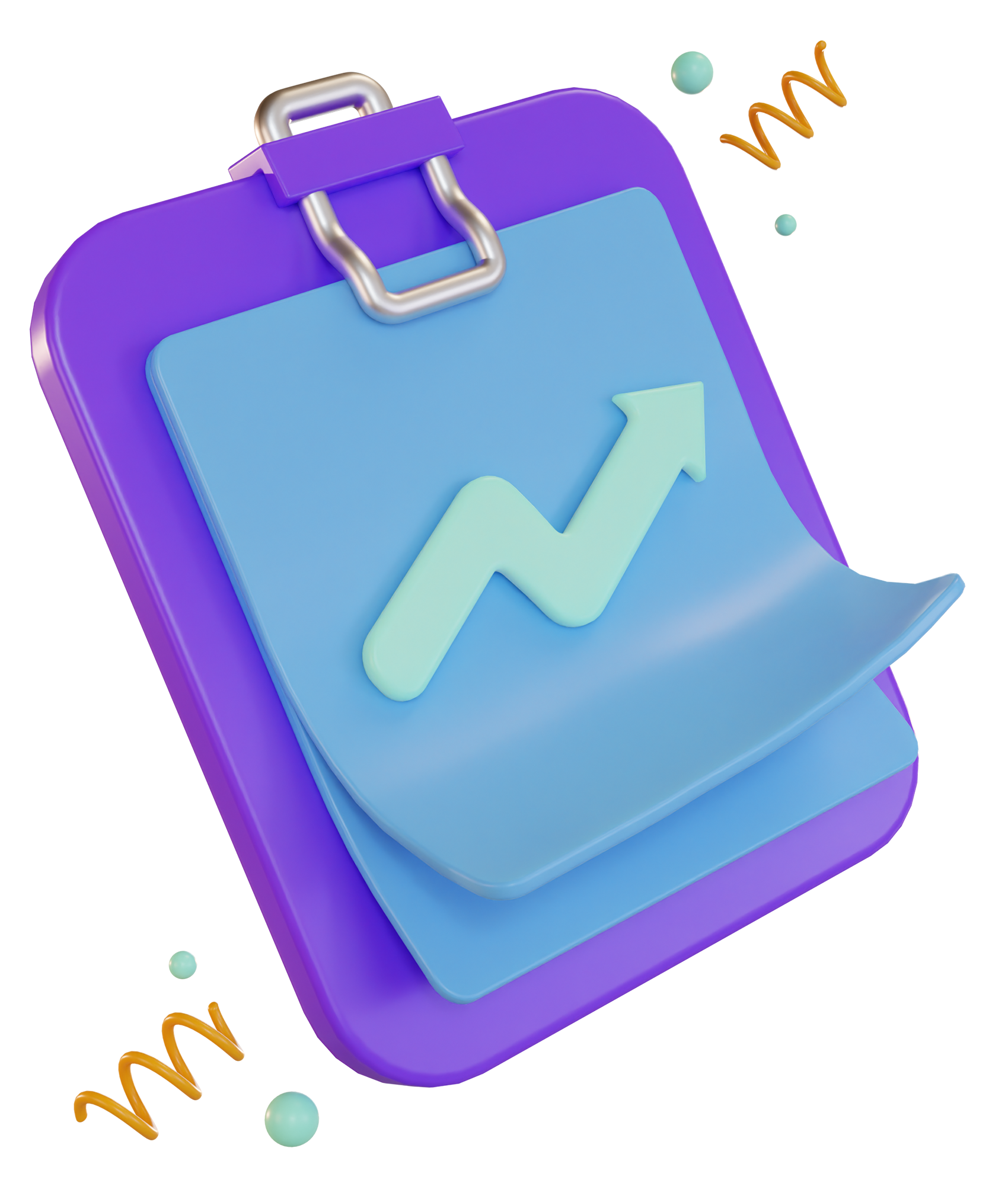 Icono tridimensional estilizado de un portapapeles con una hoja de papel adjunta. La hoja tiene una flecha ascendente, simbolizando crecimiento o progreso. El portapapeles es púrpura y la hoja es azul, con el icono sobre un fondo oscuro. Elementos decorativos como líneas onduladas y círculos en colores naranja y teal añaden un toque dinámico y juguetón a la imagen